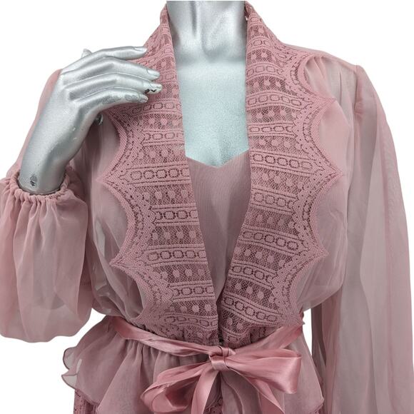Vintage 1970's Mauve Pink PROM Maxi DRESS & JACKET Sheer Sleeves & Lace Overlay - Picture 1 of 14